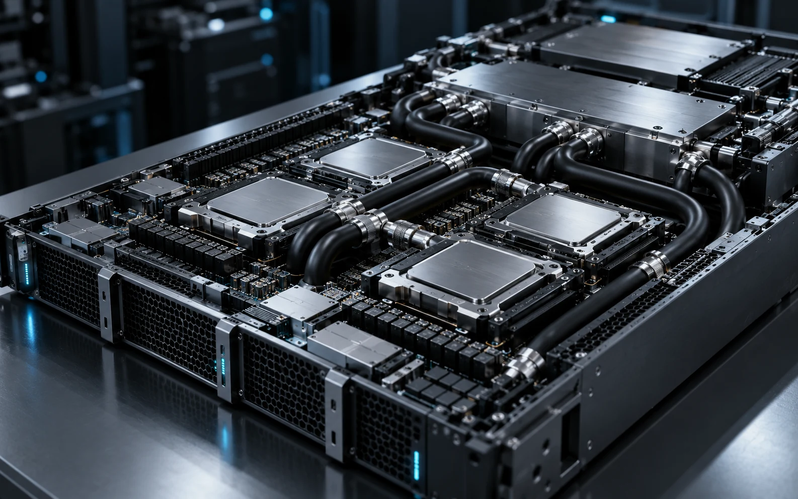 High-density GPU compute hardware with silver liquid-cooling blocks and precision circuit boards