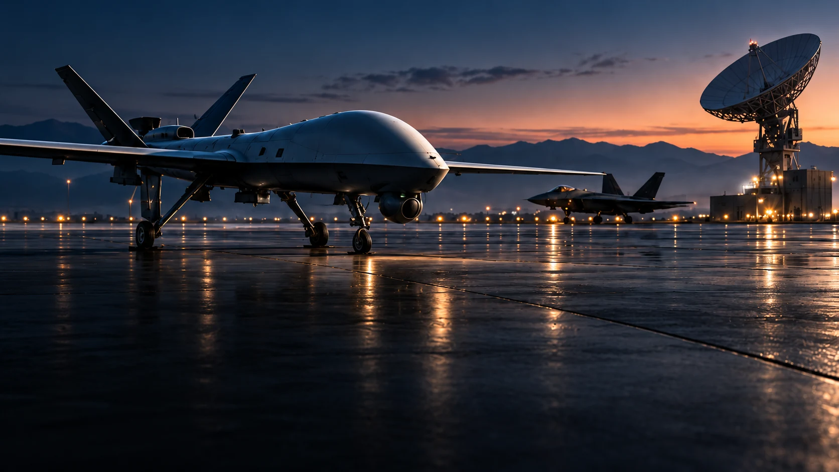 Military drone, fighter aircraft and satellite ground station at dusk