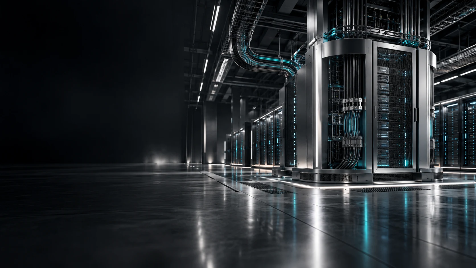 Silver server infrastructure with cyan lighting in a dark data centre