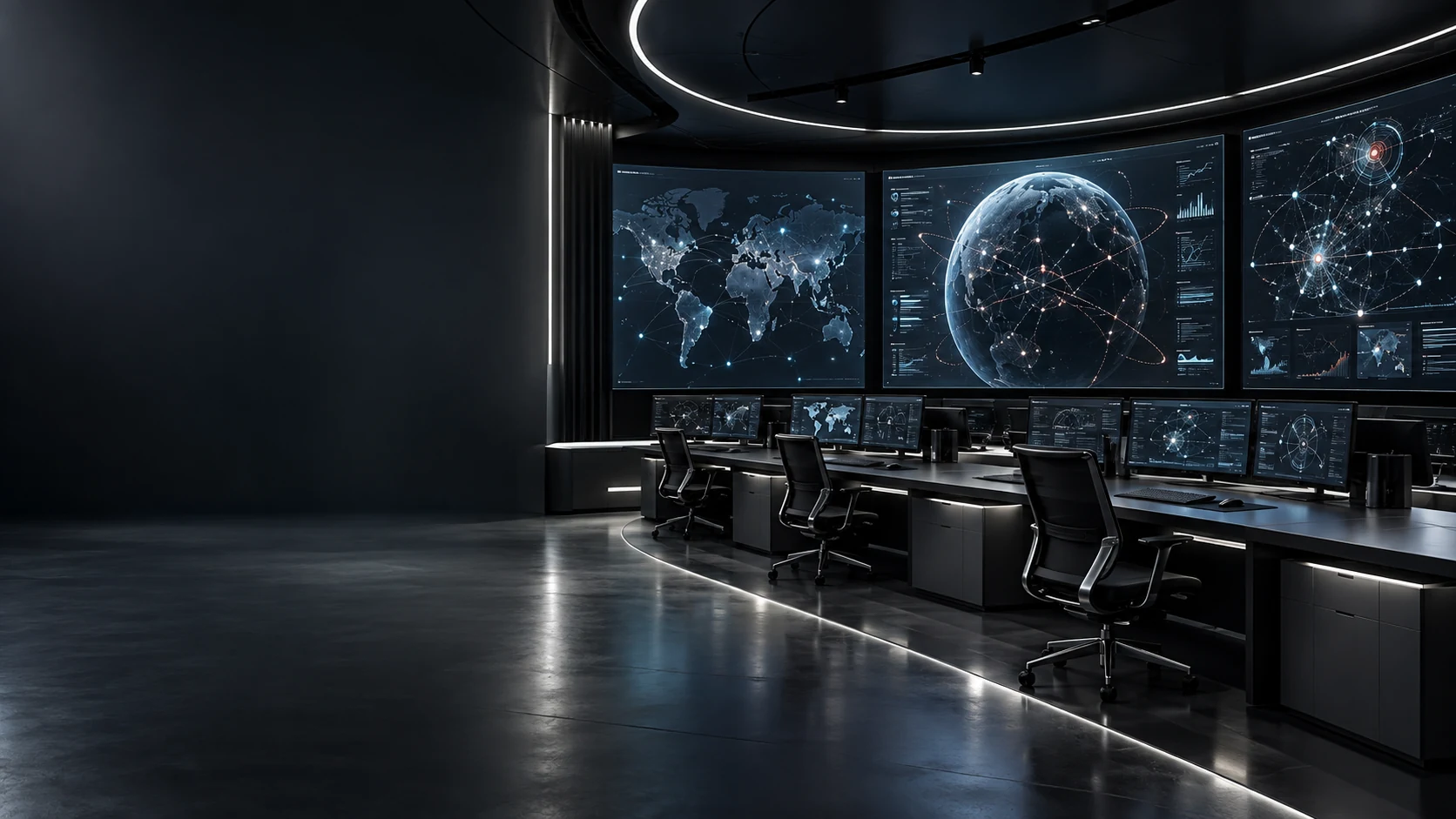 Dark cybersecurity operations centre with network monitoring displays