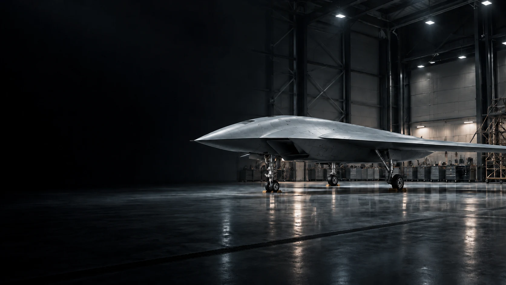Silver stealth UCAV in an industrial aerospace hangar
