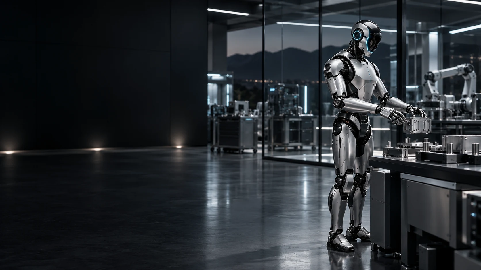 Silver humanoid robot handling a precision component in an advanced laboratory